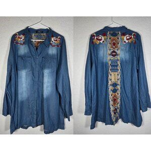 Andree By Unit Denim Floral Embroidered Long Sleeve Button Down 2X